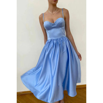 Simple Sweetheart Sleeveless Ruched Satin A-Line Midi Evening Party Dress