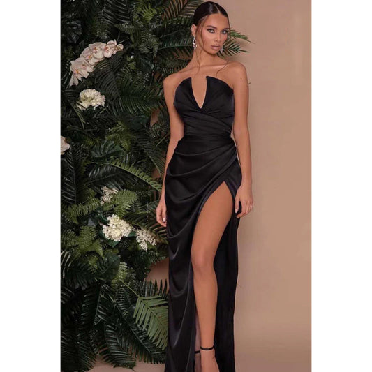 V-Neck Strapless Ruched Sheath Long Prom Evening Dress With Slit