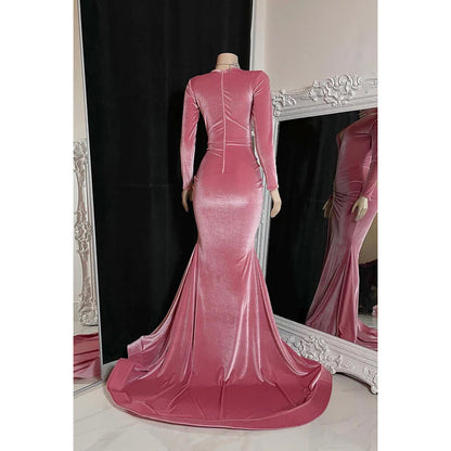 V-Neck Long Sleeves Beaded Sheath Velvet Long Prom Gown With Slit