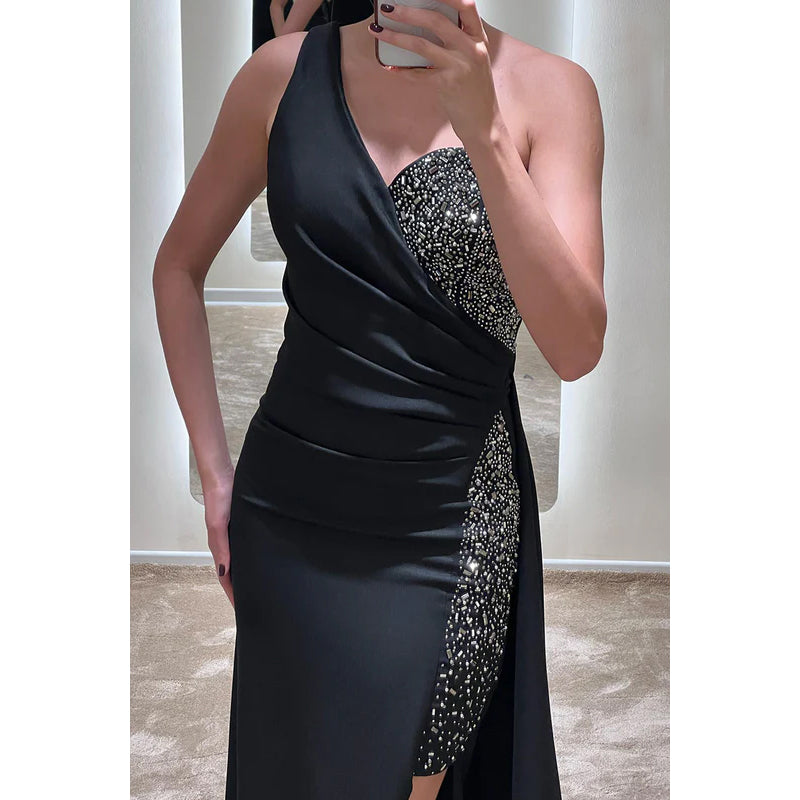 Sheath/Column One Shoulder Satin Sequins Sleeveless Prom Dress