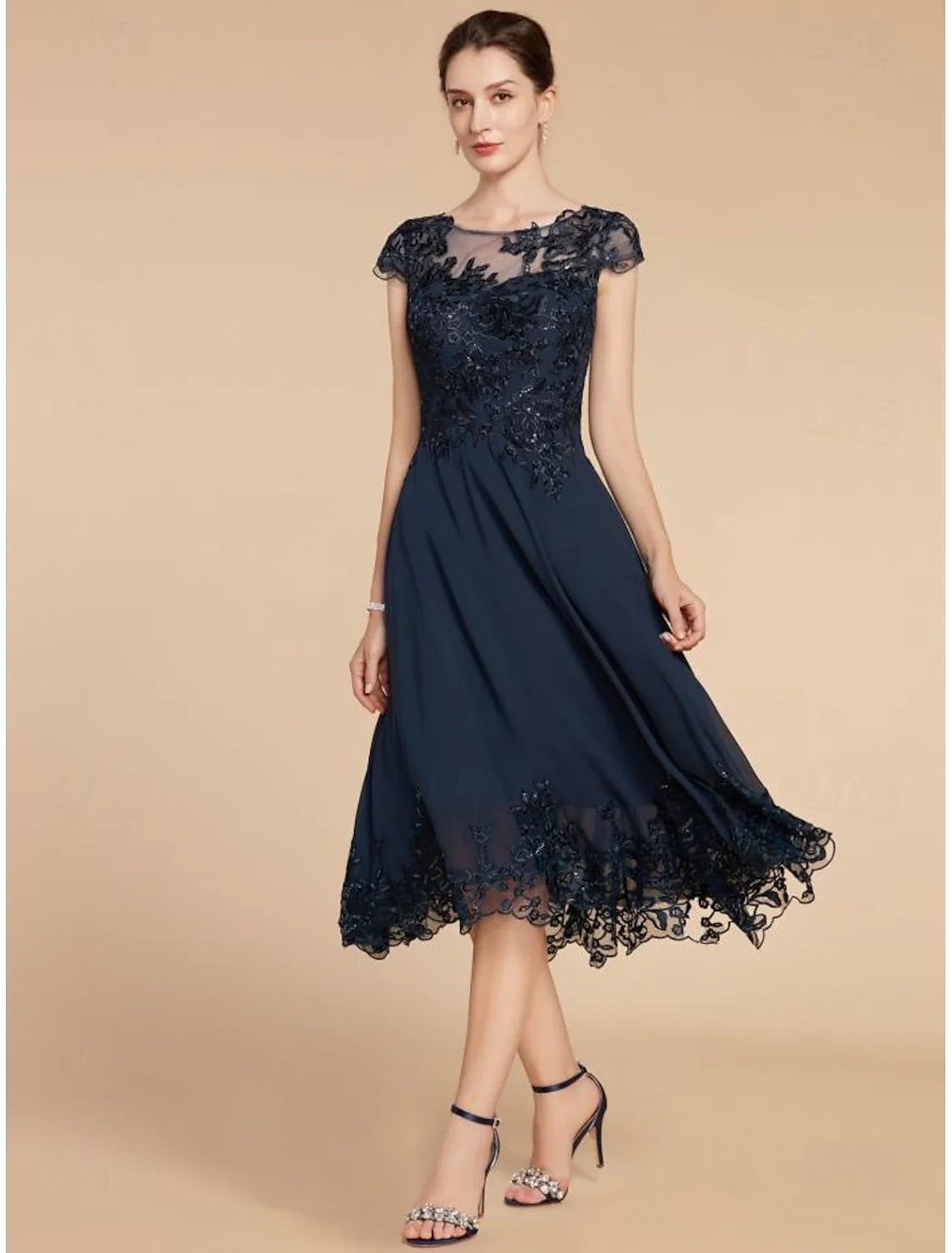 Wedding Guest Elegant Petite Scoop Neck Tea Length Chiffon Lace Cap Sleeve with Sequin Solid Color Mother of the Bride Dress&nbsp;