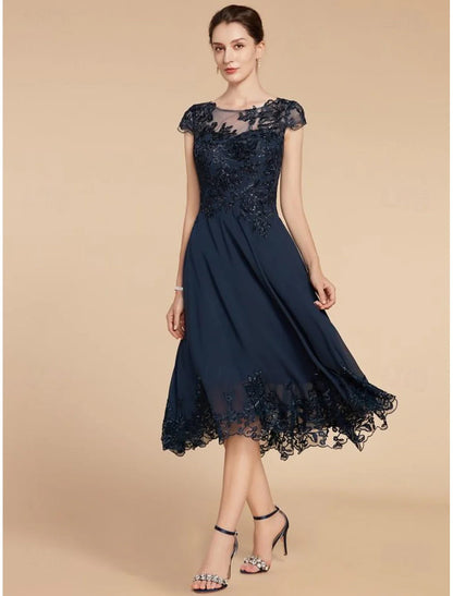 Wedding Guest Elegant Petite Scoop Neck Tea Length Chiffon Lace Cap Sleeve with Sequin Solid Color Mother of the Bride Dress&nbsp;