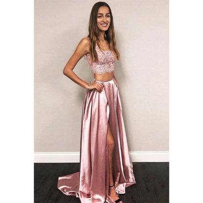 Double Straps Lace Top Burgundy Satin Two Piece Prom Dress with Pockets