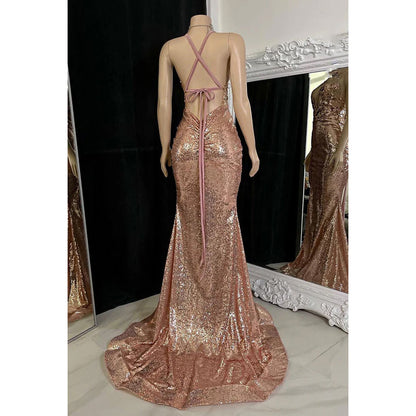 Gorgeous & Charming Mermaid Halter V-Neck Sleeveless Slit Sequins Evening Prom Dress