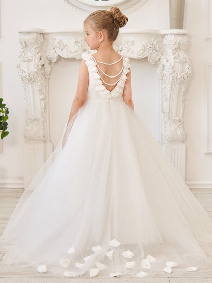 Elegant White Tulle Flower Girl Dress with Sweep Train