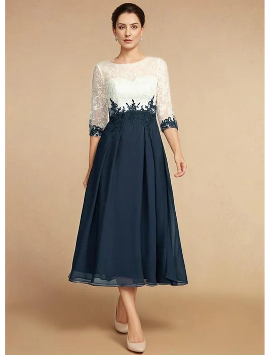 Wedding Guest Elegant Elegant Dress Vintage Jewel Neck Tea Length Chiffon Lace Half Sleeve with Lace Appliques Color Block Mother of the Bride Dress