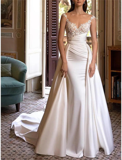 V Neck Off Shoulder Sleeveless Chapel Train Satin Bridal Gowns With Pleats Ruched Wedding Dresses