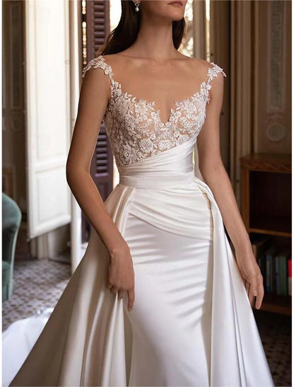 V Neck Off Shoulder Sleeveless Chapel Train Satin Bridal Gowns With Pleats Ruched Wedding Dresses