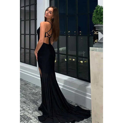 V-Neck Spaghetti Straps Ruched Long Prom Evening Dress With Slit