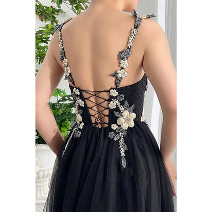 Tulle A-line Spaghetti Straps Floral Appliqued Party Prom Evening Dress