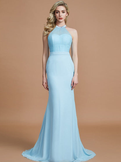 Trumpet/Mermaid Sleeveless Scoop Sweep/Brush Train Chiffon Bridesmaid Dresses