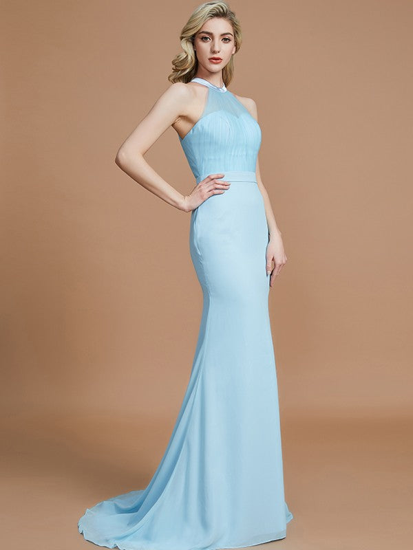 Trumpet/Mermaid Sleeveless Scoop Sweep/Brush Train Chiffon Bridesmaid Dresses