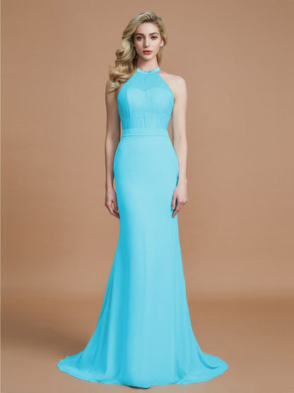 Trumpet/Mermaid Sleeveless Scoop Sweep/Brush Train Chiffon Bridesmaid Dresses