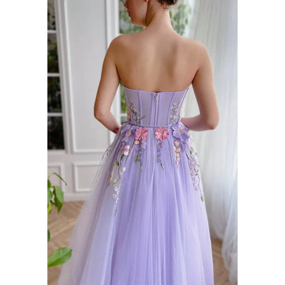 Strapless Floral Appliqued Tulle A-Line Long Prom Evening Dress