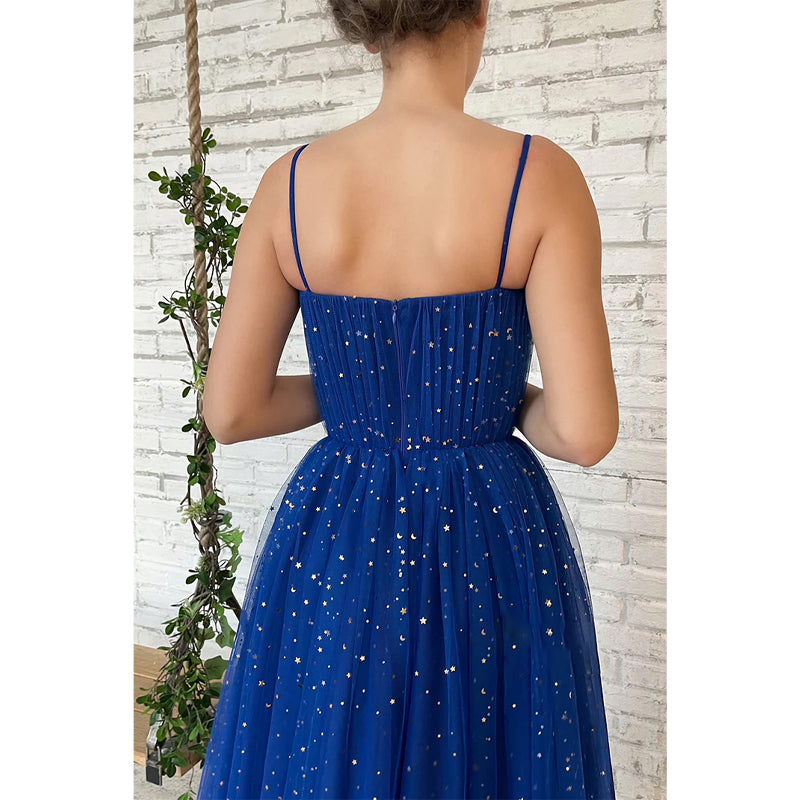 Spaghetti Straps Star Tulle Sparkly Prom Dress with Pockets