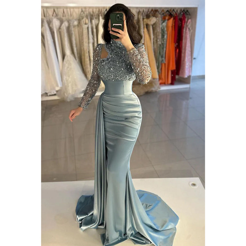 Sheath/column Sequins High Neck Beaded Long Sleeves Prom Evening Gown