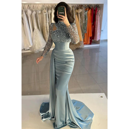 Sheath/column Sequins High Neck Beaded Long Sleeves Prom Evening Gown