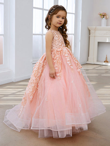 Pink Princess Ball Gown for Girls with Lace Appliqués