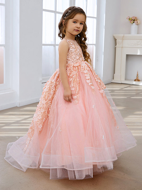 Pink Princess Ball Gown for Girls with Lace Appliqués