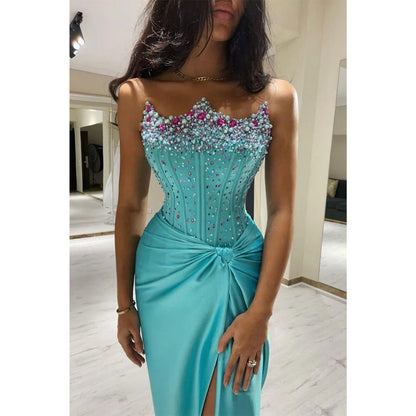 Sheath/column Strapless Blue Beaded Long Formal Dress Evening Gowns