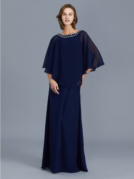 Sheath/Column Scoop Beading Long Sleeves Chiffon Floor-Length Mother of the Bride Dresses