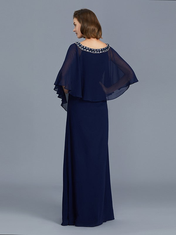 Sheath/Column Scoop Beading Long Sleeves Chiffon Floor-Length Mother of the Bride Dresses