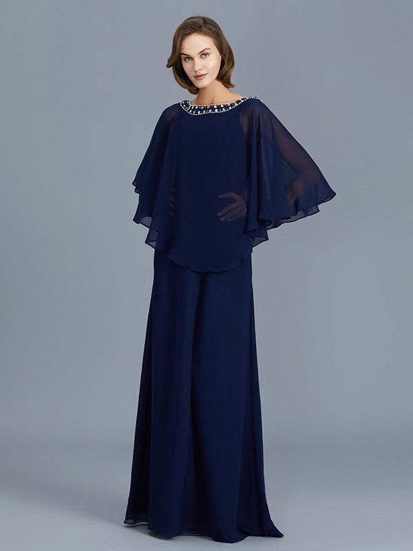 Sheath/Column Scoop Beading Long Sleeves Chiffon Floor-Length Mother of the Bride Dresses