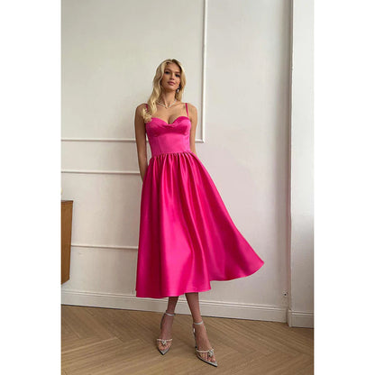 Simple Sweetheart Sleeveless Ruched Satin A-Line Midi Evening Party Dress