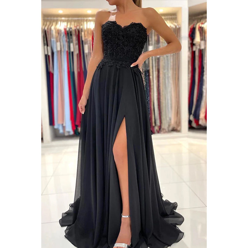 Sheath/Column Strapless Chiffon Appliques Backless Sleeveless Prom Dress