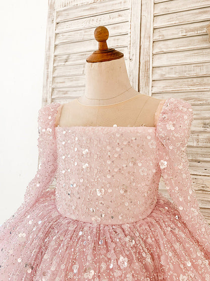 Girls Pink Sequined Tulle Princess Dress with Long Sleeves and Oversized Bow