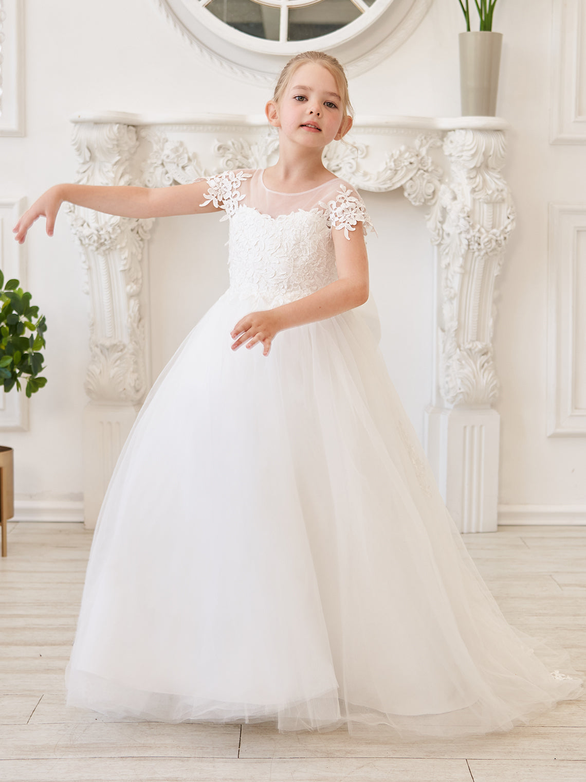 Ivory Detachable Train Princess First Communion Flower Girl Dress