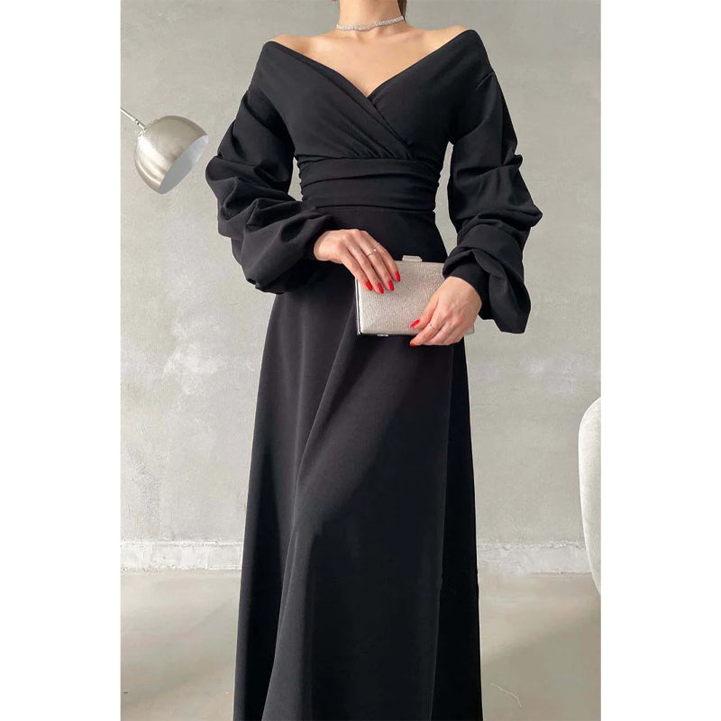 Simple A-line V-neck Off The Shoulder Puff Sleeves Long Prom Dress