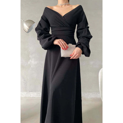 Simple A-line V-neck Off The Shoulder Puff Sleeves Long Prom Dress