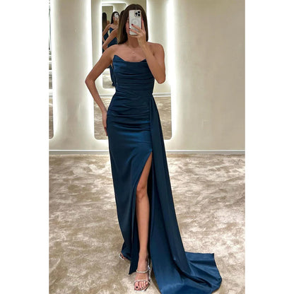 Sheath/column Strapless Satin Pleats Long Formal Evening Gowns