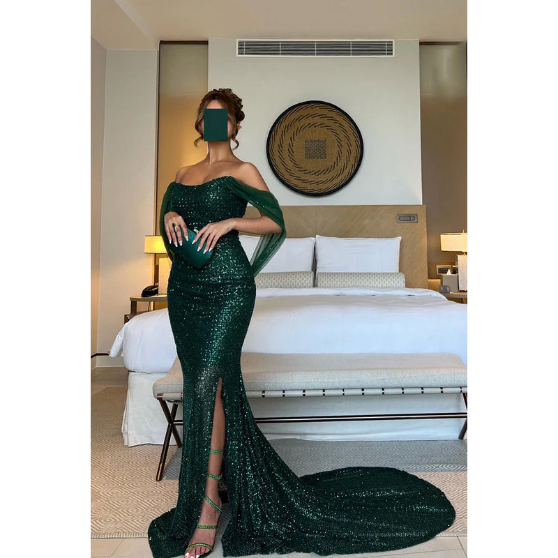 Trumpet/Mermaid Off-Shoulder Side Slit Sleeveless Slit Sequins Evening Prom Dress