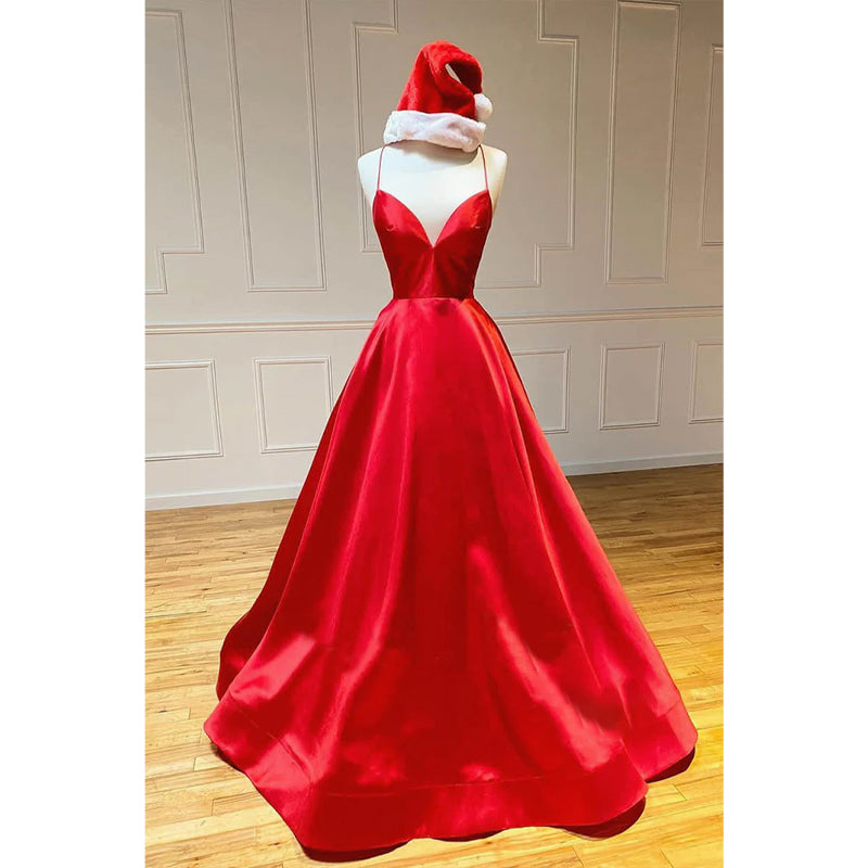 Red Satin V-neck Spaghetti Straps Simple Prom Dress with Pockets