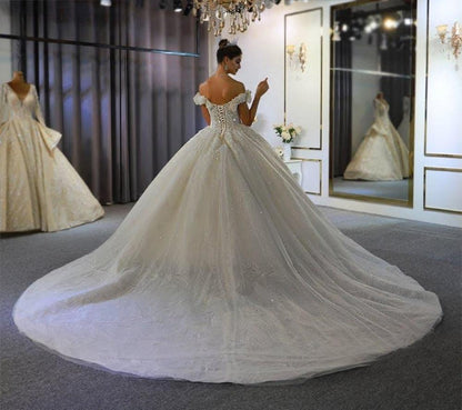 vestidos de novia corte princesa Off Shoulder 3D Flowers Ball Gown Wedding Dress - numbersea