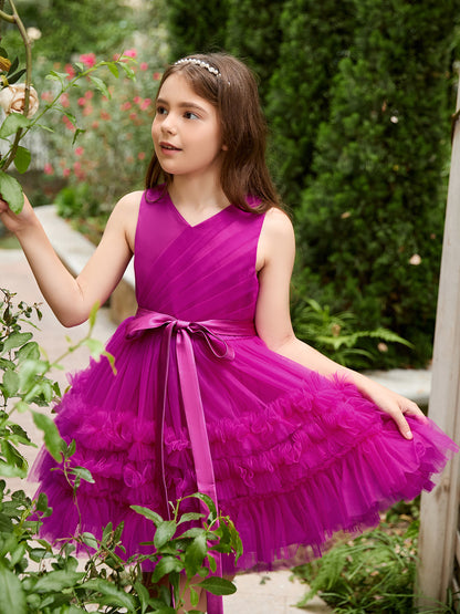 Fuchsia Princess Sleeveless Tulle Flower Girl Dress with Ruffles  (010225236)