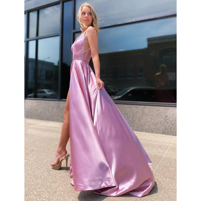 Plunging V-neck Pink Elastic Satin Senior Prom Dress with Slit