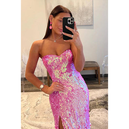 Glamorous Off-Shoulder Sleeveless Side Slit Sequins Evening Party Prom Dress