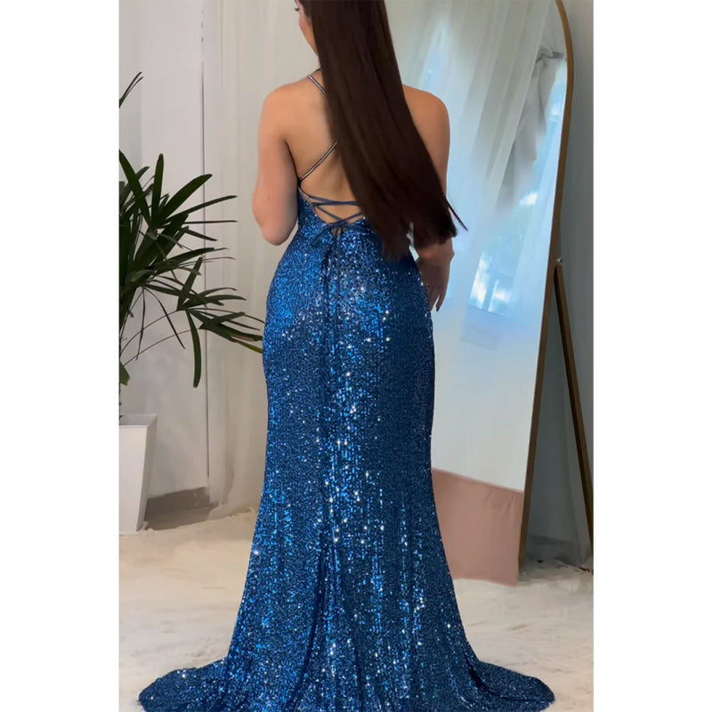 Sparkly Bateau Spaghetti Straps with Side Slit Party Prom Evening Dress