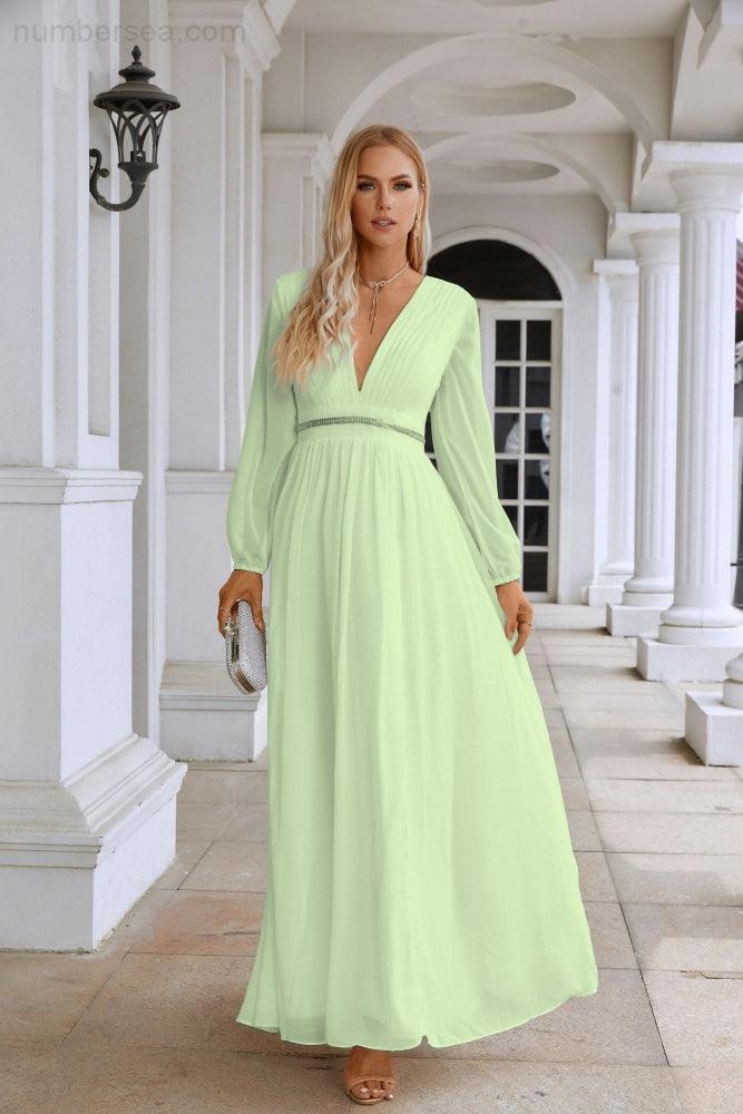 Ladies V Neck Chiffon Long Sleeve Front Slit Bridesmaid Evening Dress Wedding Party Shopping Evening Dress 28109-numbersea