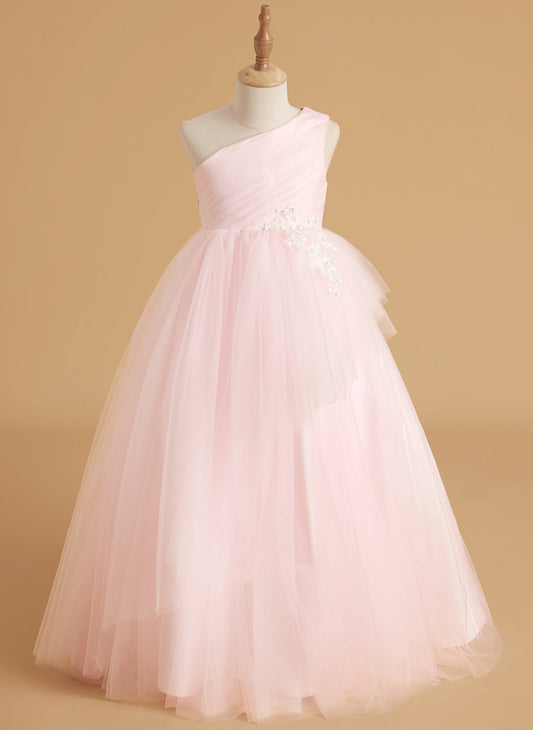 Enchanted Blush A-Line Princess Flower Girl Dress | One-Shoulder Tulle Gown with Train