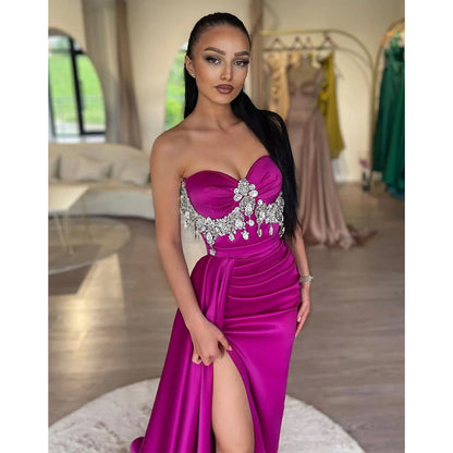 Sheath/column Sweetheart Crystal Long Prom Formal Dress with Slit Evening Party Gown