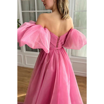 V-neck Puff Sleeves A-line Tulle with Side Slit Party Prom Evening Dress