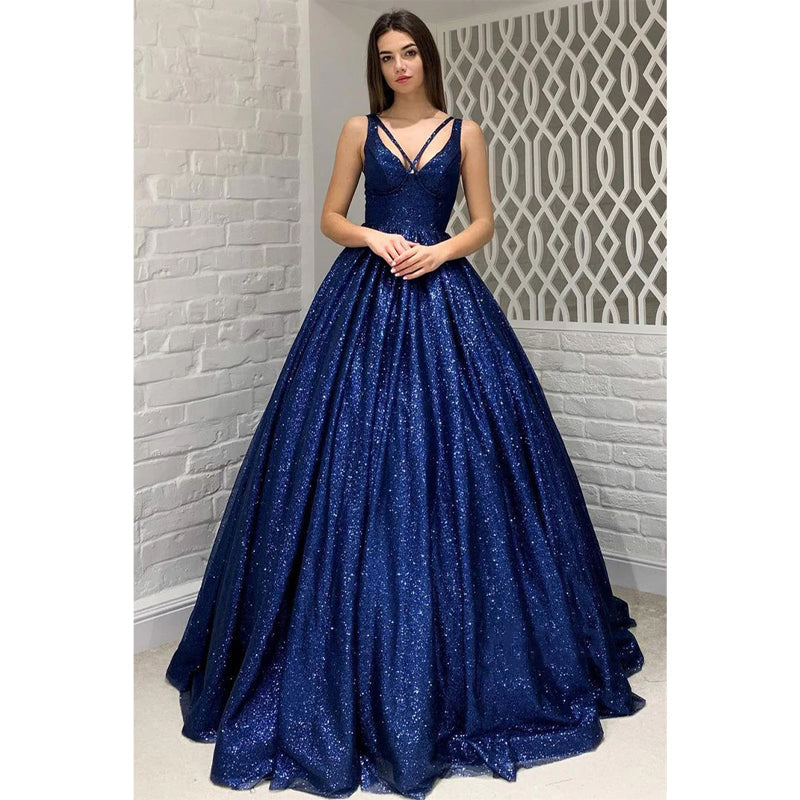 Sexy V-neck Royal Blue Sparkly Prom Ball Gown with Pockets