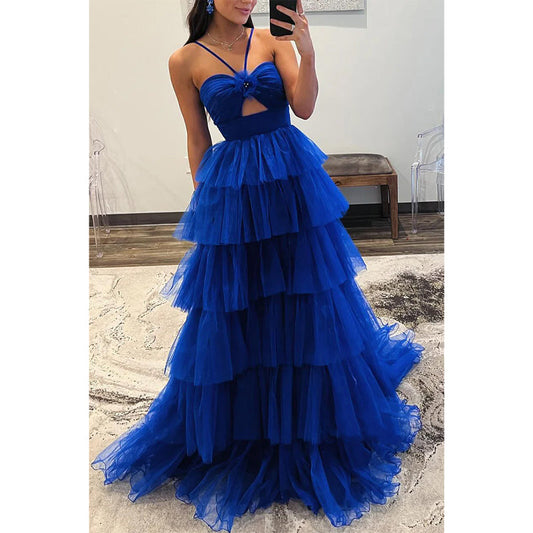 Tulle A-line Halter Empire Tiered with Train Party Prom Evening Dress