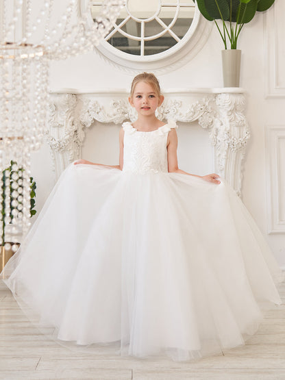 Elegant White Tulle Flower Girl Dress with Sweep Train