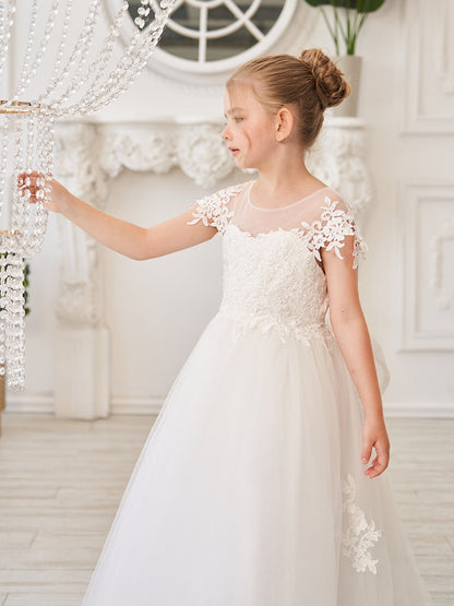 Ivory Detachable Train Princess First Communion Flower Girl Dress