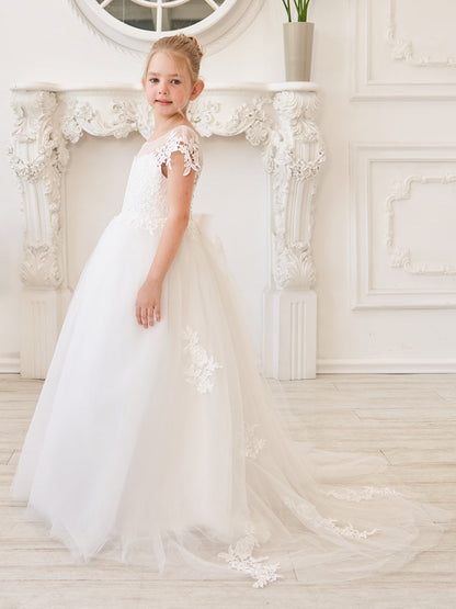 Ivory Detachable Train Princess First Communion Flower Girl Dress